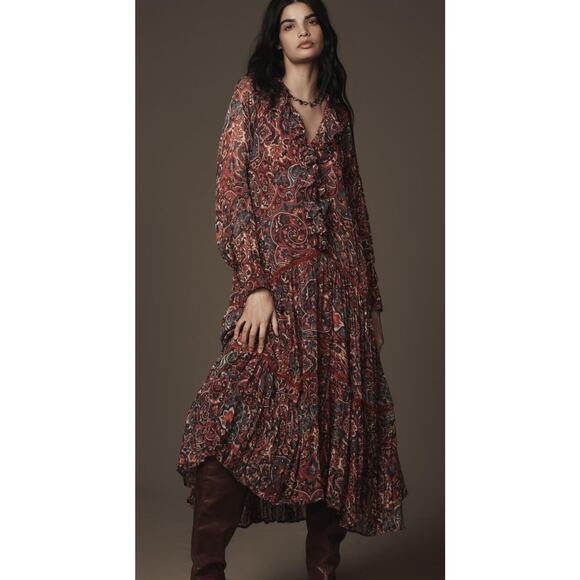 Anthropologie Long-Sleeve Ruffled Boho Midi Dress size L(X02G)